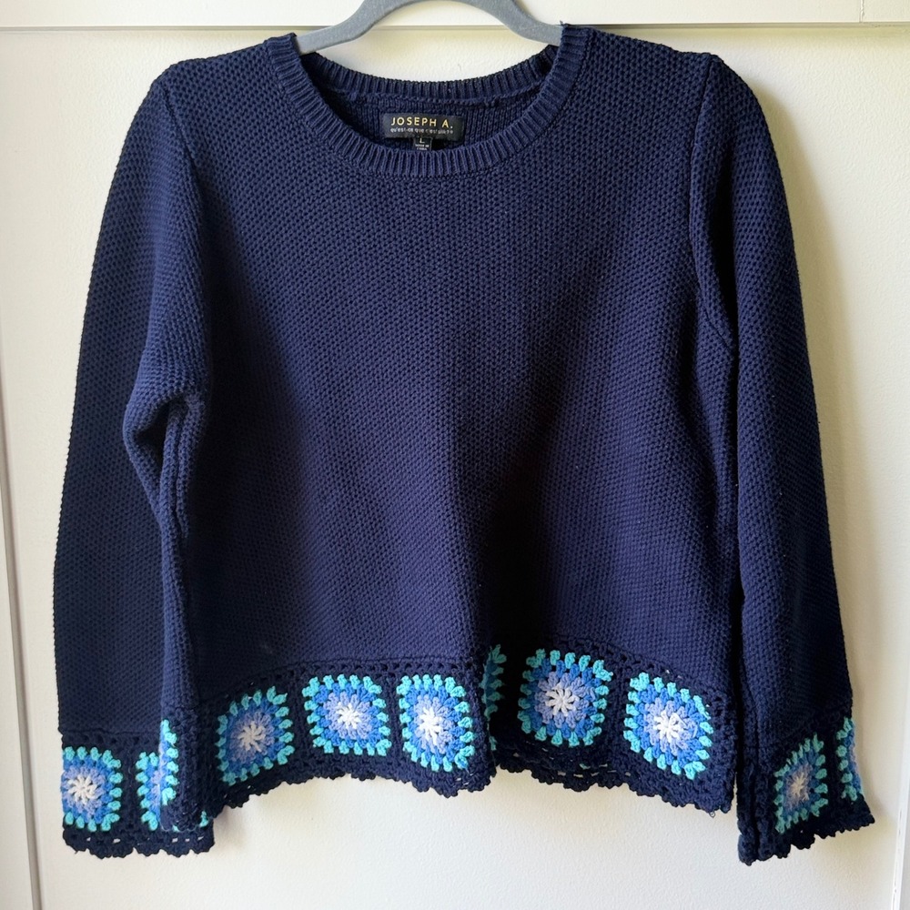 Joseph A Sweater Blue 100% Cotton Crochet Granny Square Trim Crewneck Size Large